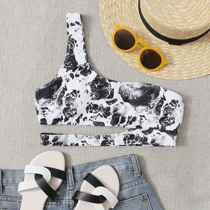 

Marble Print Cut-out One Shoulder Bikini Top, Black and white