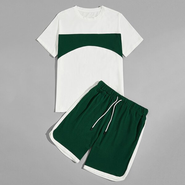 

Men Contrast Panel Tee & Drawstring Track Shorts, Multicolor