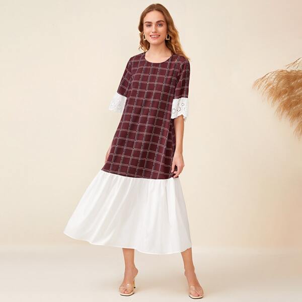 

Schiffy Cuff Contrast Hem Plaid Dress, Maroon