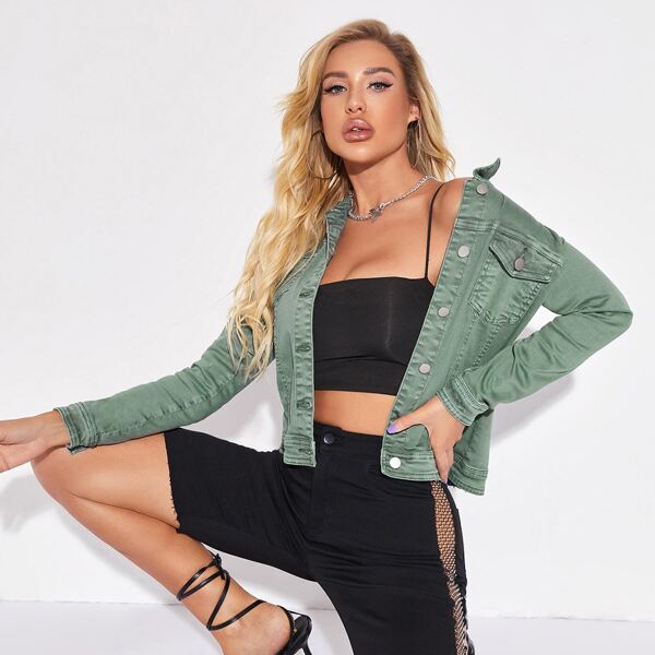 

Flap Pocket Trucker Denim Jacket, Olive green