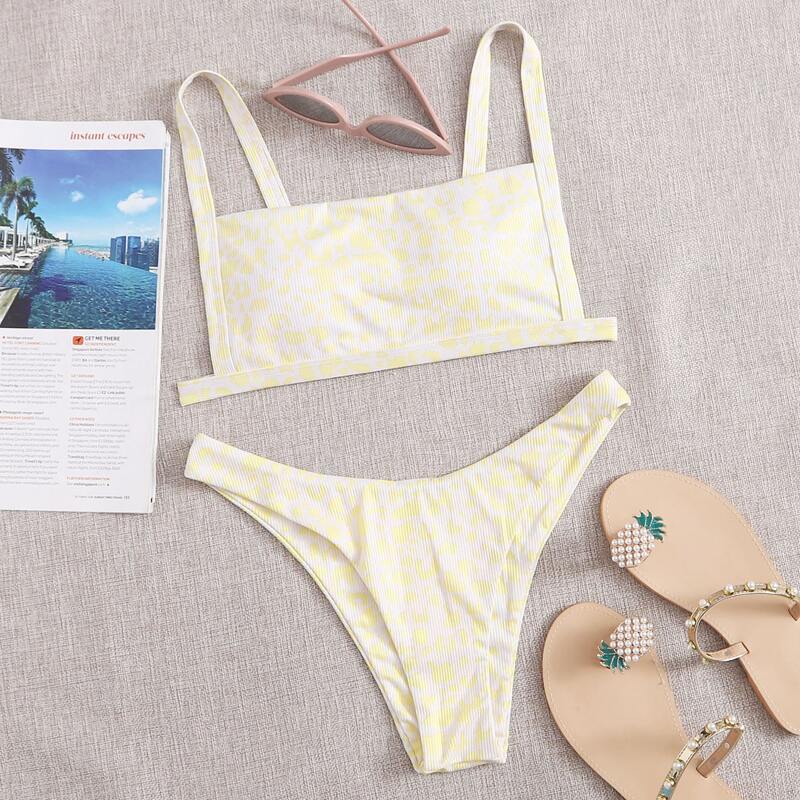 Leopard Rib High Cut Bikini Swimsuit, Yellow