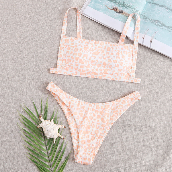 

Leopard Rib High Cut Bikini Swimsuit, Coral orange