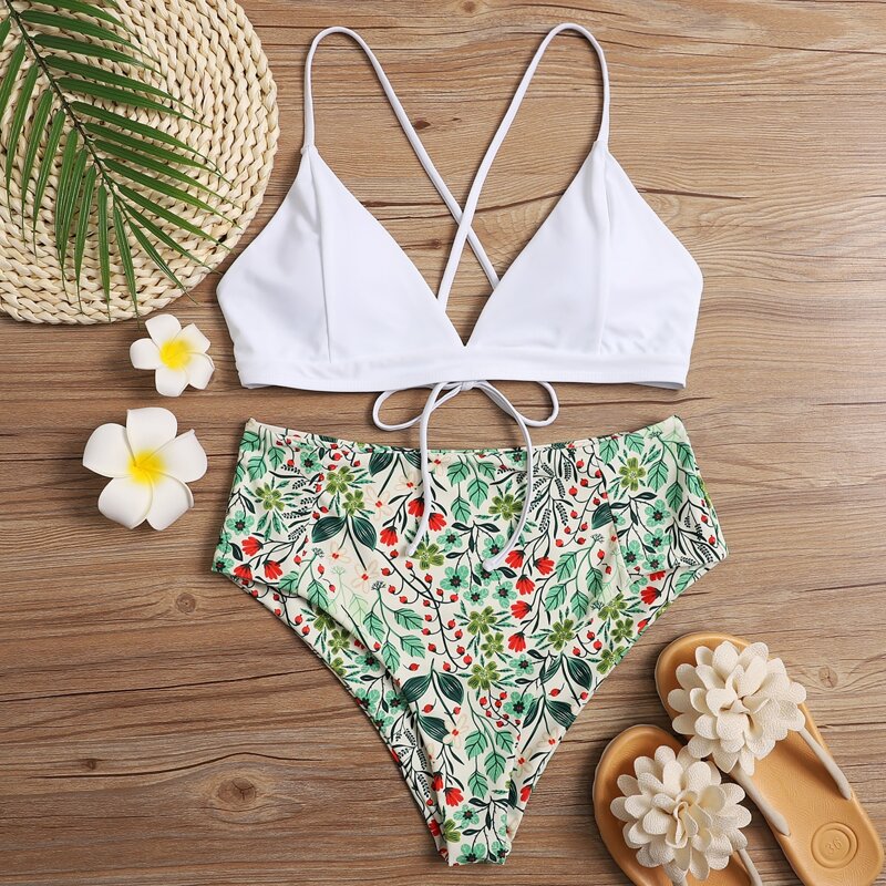 

Floral & Plant Print High Waisted Bikini Swimsuit, Multicolor
