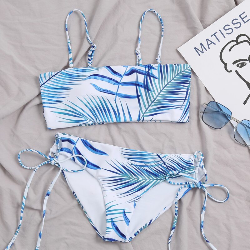

Tropical Tie Side Bikini Swimsuit, Blue and white