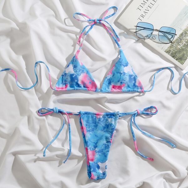 

Tie Dye Triangle Tie Side Bikini Swimsuit, Blue