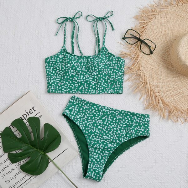 

Ditsy Floral Knot High Waisted Bikini Swimsuit, Green