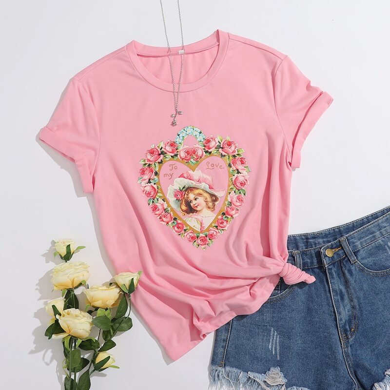 

Floral & Figure Graphic Tee, Pink