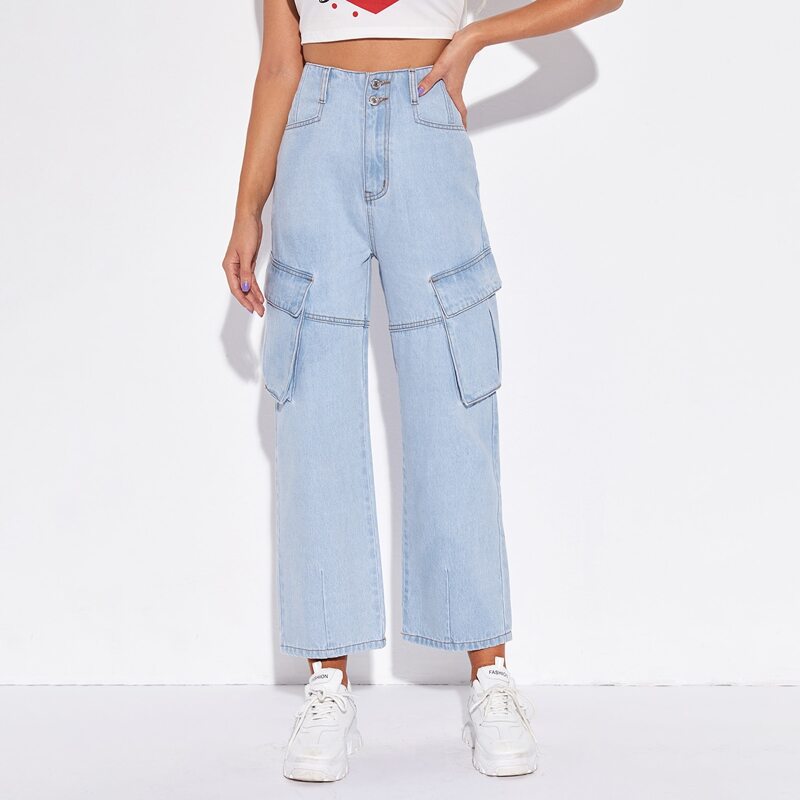 

Flap Pocket Wide Leg Jeans, Light wash