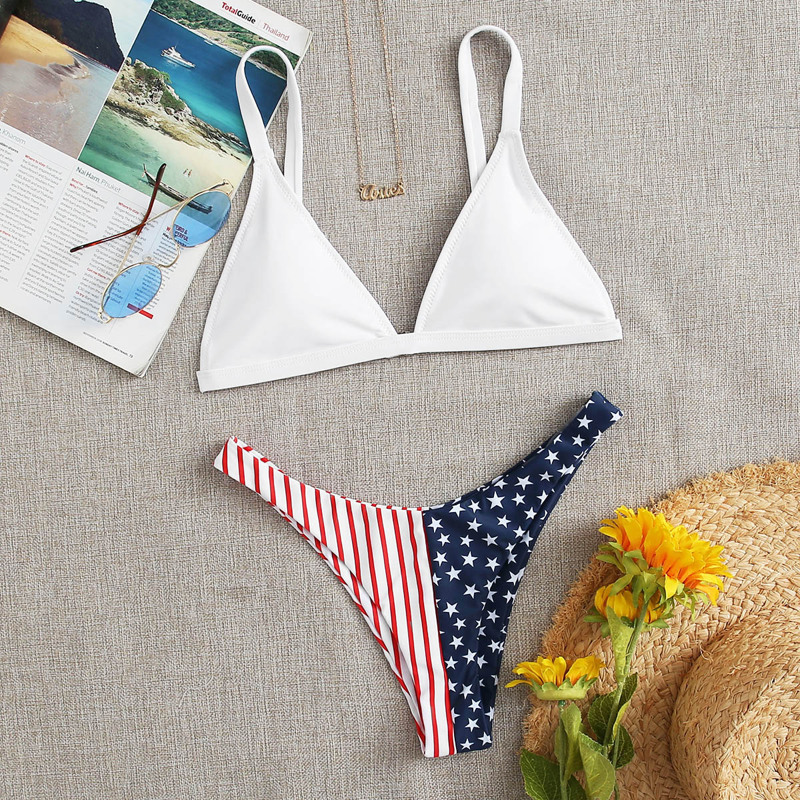 

Striped & Star Print Triangle Bikini Swimsuit, Multicolor