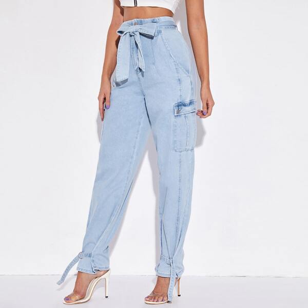 

Light Wash Belted Flap Pocket Ring Detail Hem Jeans