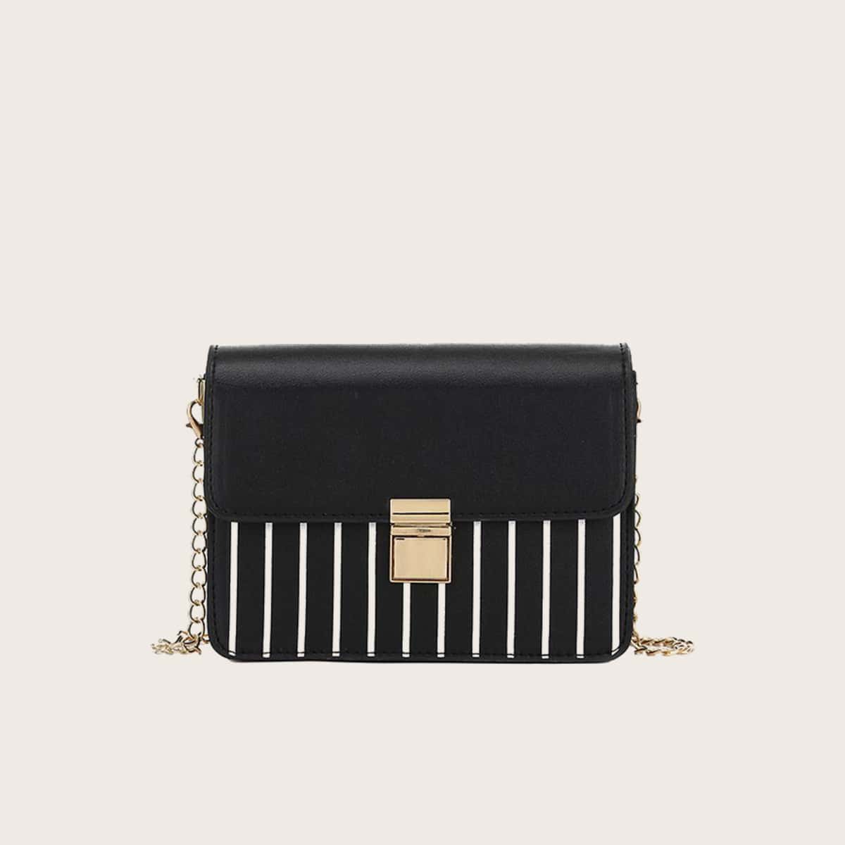 

Striped Chain Crossbody Bag, Black and white