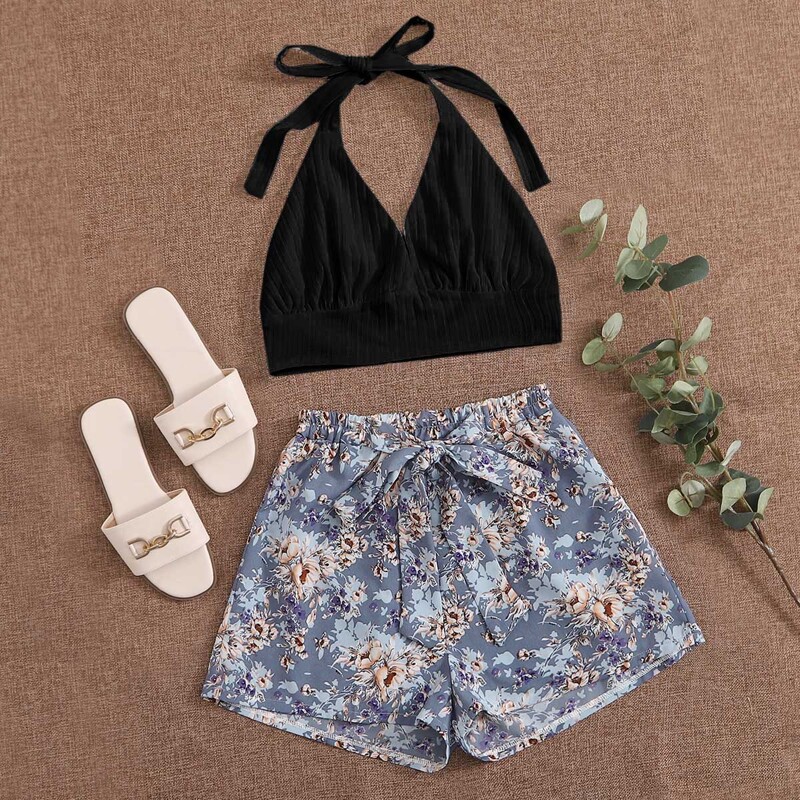 

Halter Top & Floral Tie Front Shorts, Multicolor