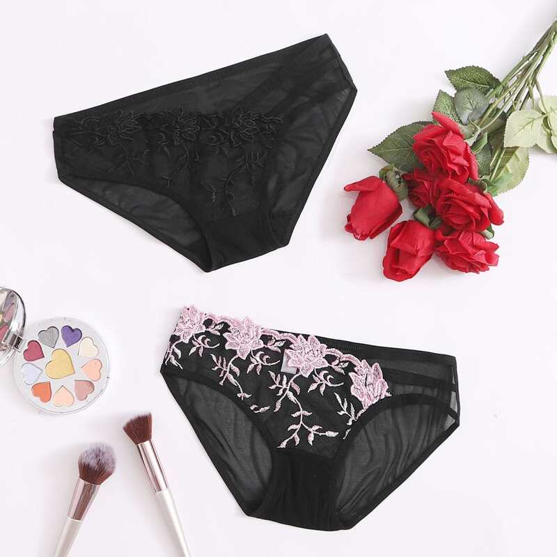 

2pack Embroidery Floral Panty Set, Black