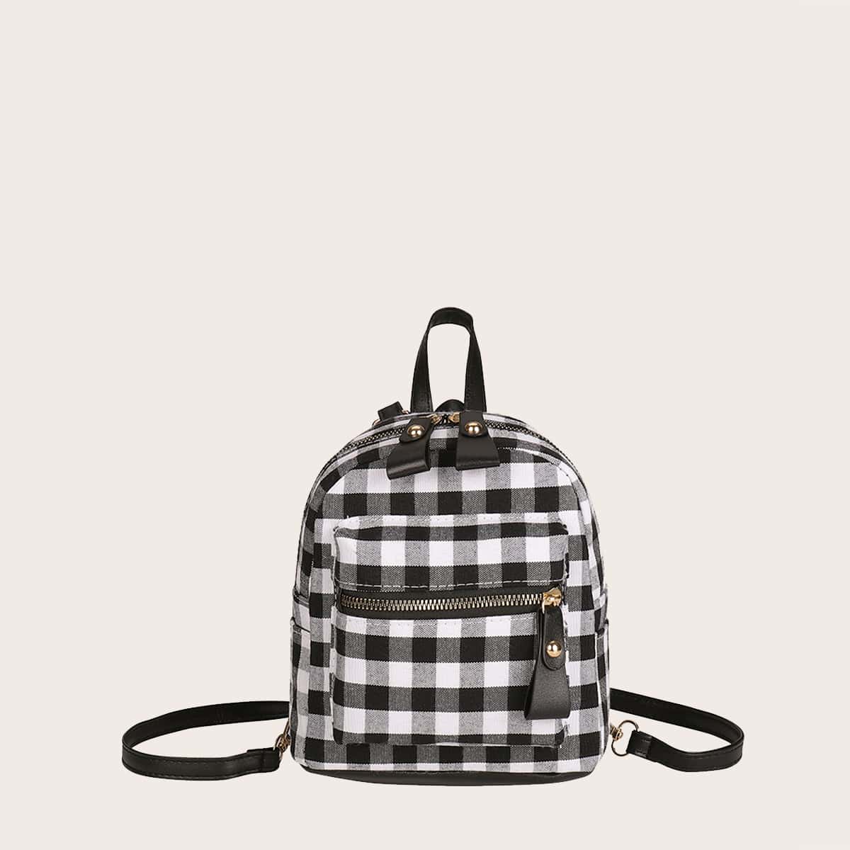 

Gingham Zip Backpack, Black and white