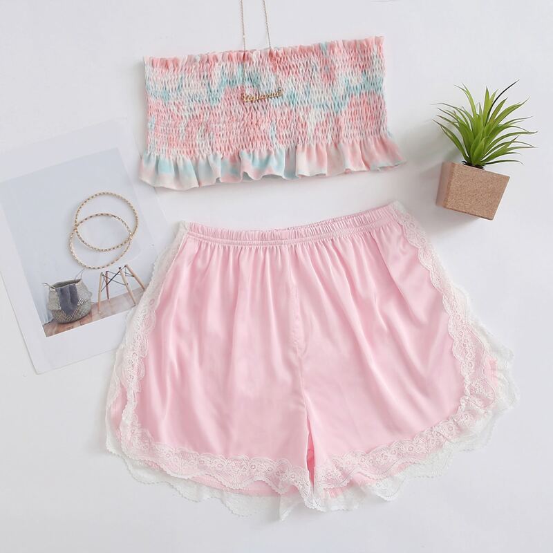 

Shirred Frill Tube Top & Satin Shorts, Pastel baby pink