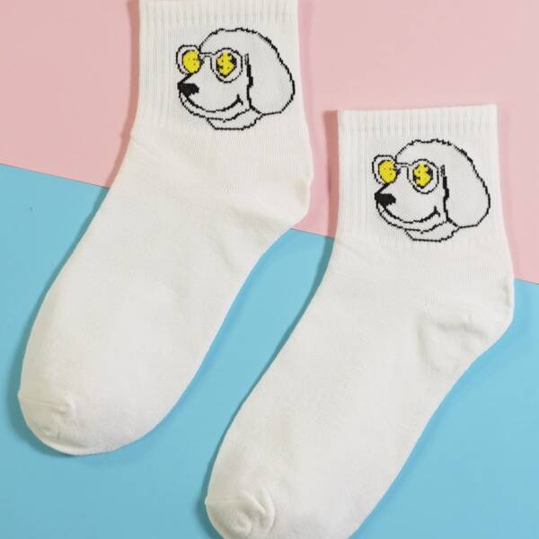 

Cartoon Dog Pattern Socks, White