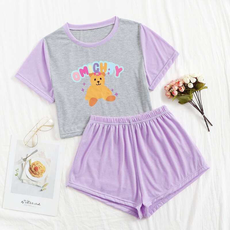 

Cartoon Color-block Tee & Shorts PJ Set, Multicolor