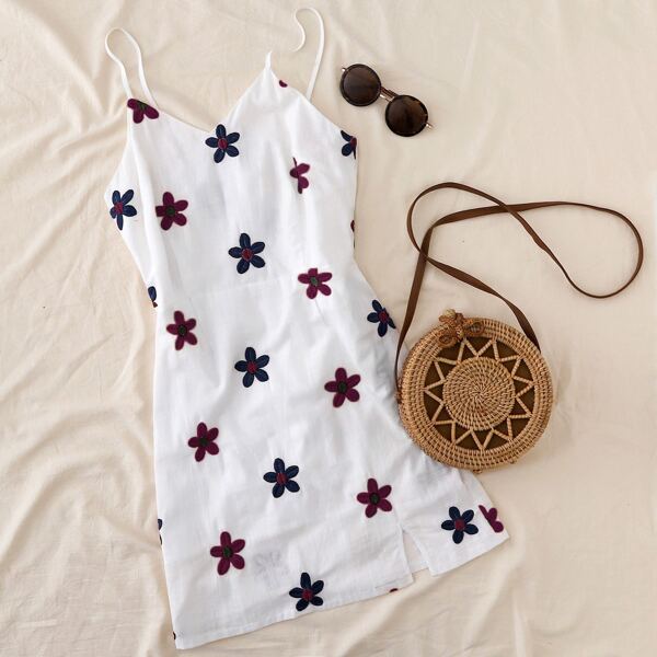 

Plus Floral Embroidery Slip Dress, White