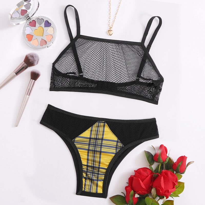 

Plaid Hollow Out Mesh Lingerie Set, Black