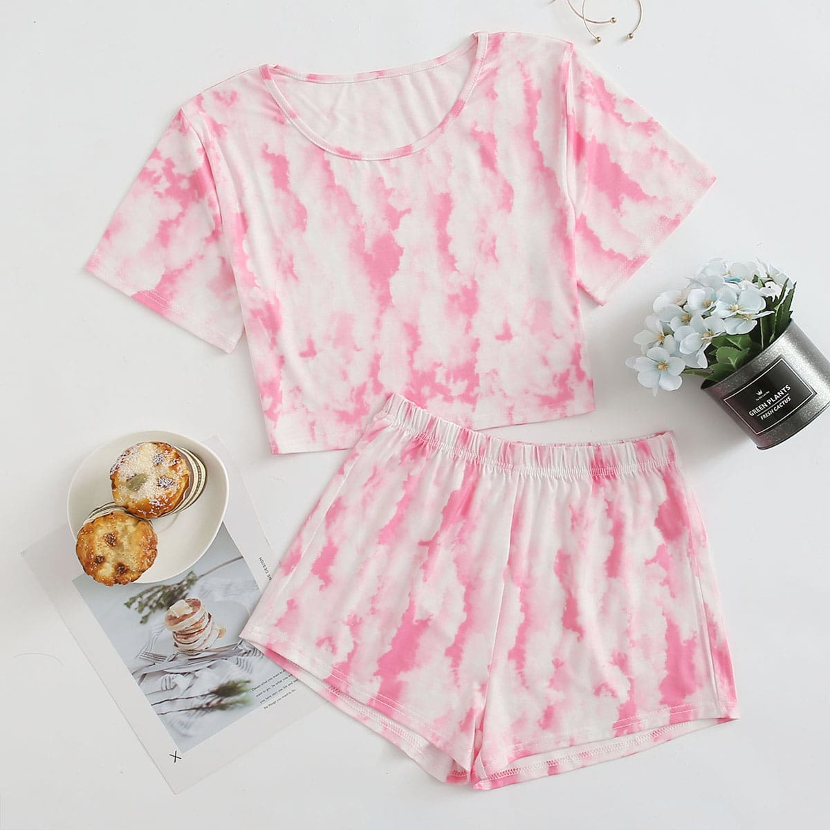 

Tie Dye Shorts PJ Set, Pastel baby pink