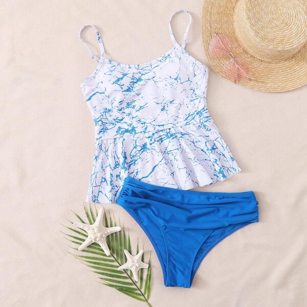 

Marble Print Ruffle Hem Bikini Swimsuit, Blue and white