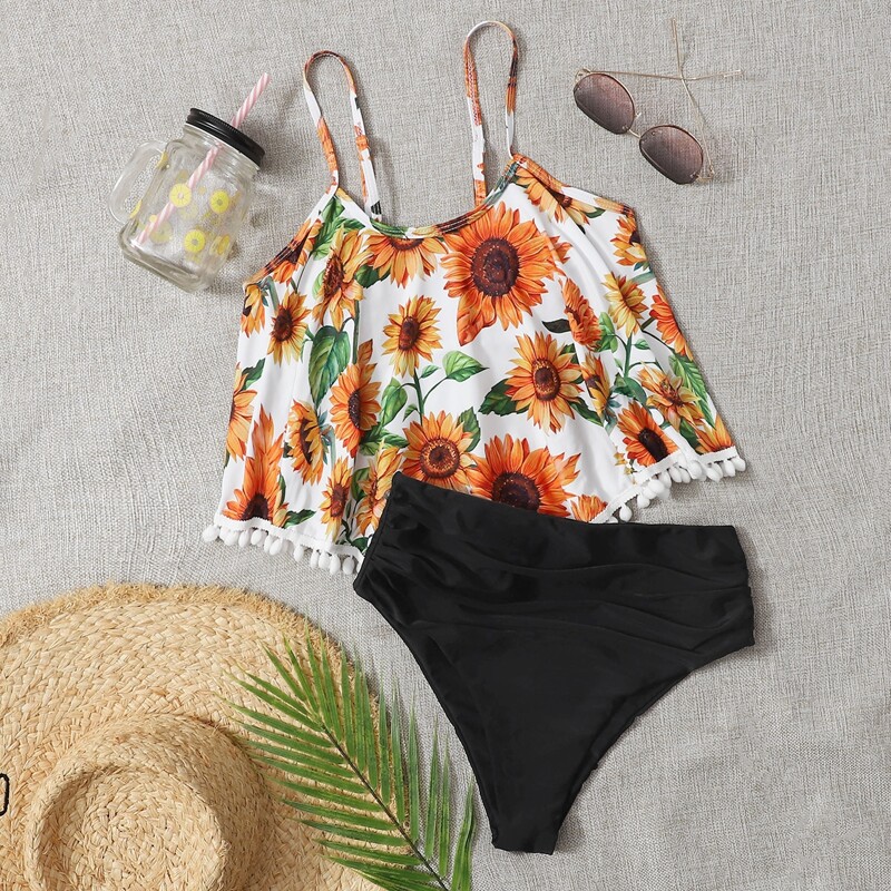 

Sunflower Print Pom-pom Hanky Hem Bikini Swimsuit, Multicolor