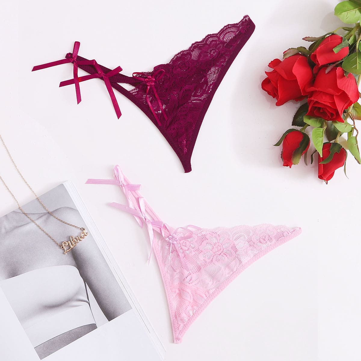 

2pack Asymmetrical Floral Lace Thong Set, Multicolor
