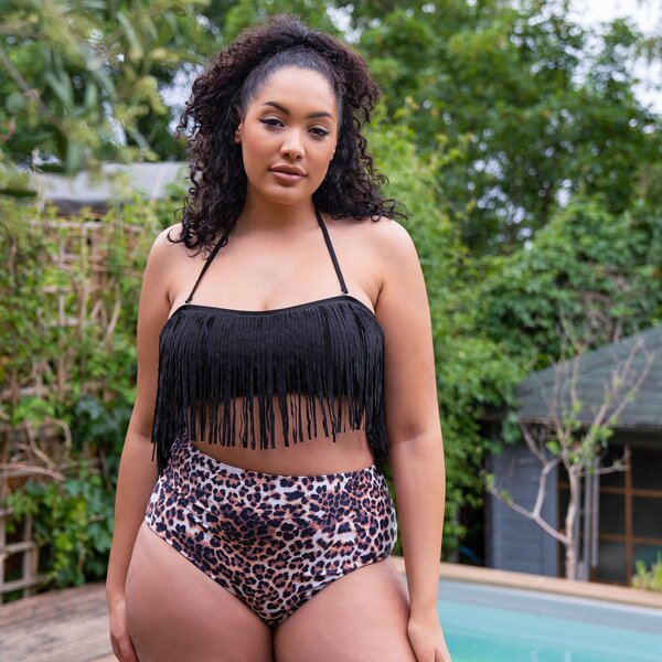 

Plus Leopard Fringe Hem Halter Bikini Swimsuit, Multicolor