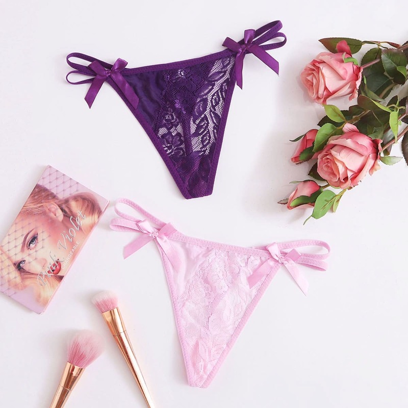 

2pack Bow Floral Lace Thong Set, Multicolor