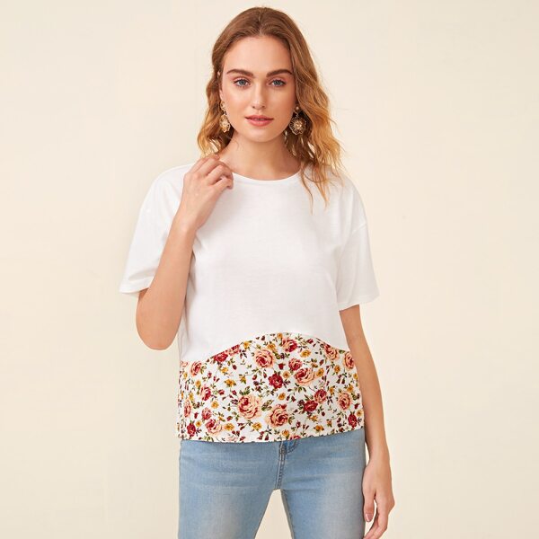 

Contrast Flower Drop Shoulder Tee, White