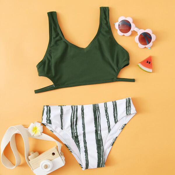 

Girls Striped Cut Out Bikini Swimsuit, Army green