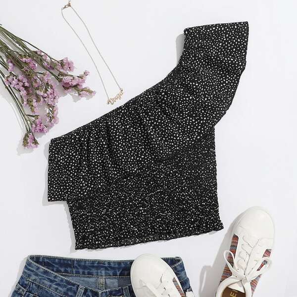 

One Shoulder All Over Print Top, Black