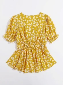 SHEIN VCAY Floral Print Surplice Front Babydoll Blouse - Yellow - View 2