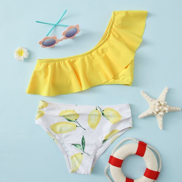 

Girls Lemon Print Ruffle One Shoulder Bikini Swimsuit, Yellow bright