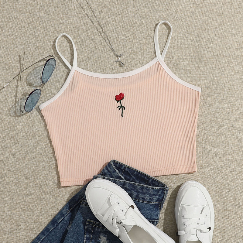

Rose Embroidery Ringer Cami, Baby pink
