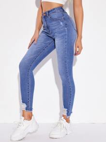 Jeans ajustados rotos bajo crudo - Azul lavado medio - Ver 1
