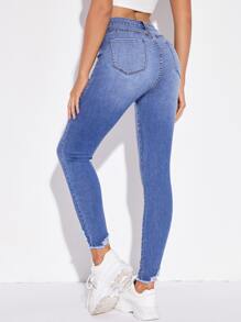 Jeans ajustados rotos bajo crudo - Azul lavado medio - Ver 2