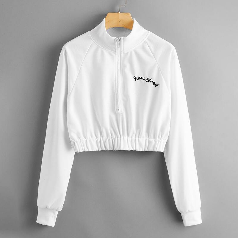 

Letter Embroidery Half Zip Crop Sweatshirt, White