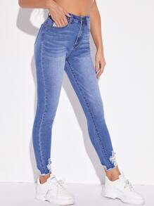 Jeans ajustados rotos bajo crudo - Azul lavado medio - Ver 4