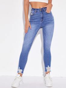 Jeans ajustados rotos bajo crudo - Azul lavado medio - Ver 5