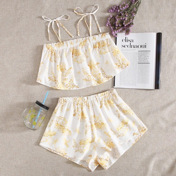 

Floral Print Tie Shoulder Cami Top With Shorts Pajama Set, White