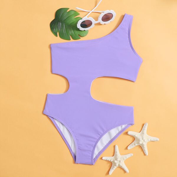 

Girls Cut-out One Shoulder One Piece Swimsuit, Lilac purple