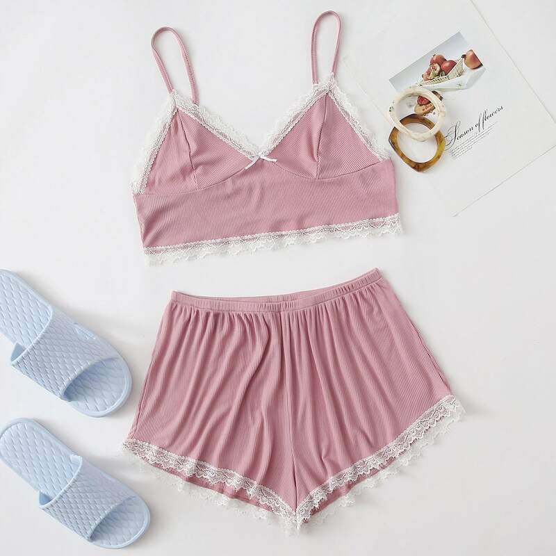 

Contrast Lace Cami Top With Shorts PJ Set, Dusty pink