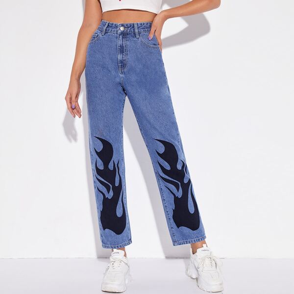 

High Waisted Fire Print Straight Leg Jeans, Medium wash