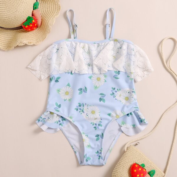

Girls Floral Ruffle Hem One Piece Swimsuit, Pastel baby blue