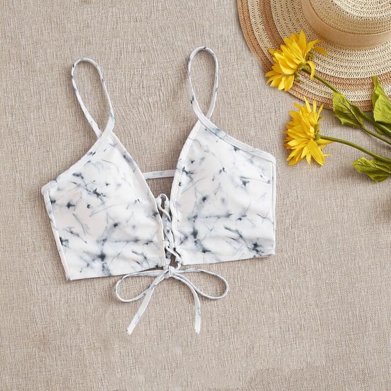 

Marble Pattern Lace-up Bikini Top, White