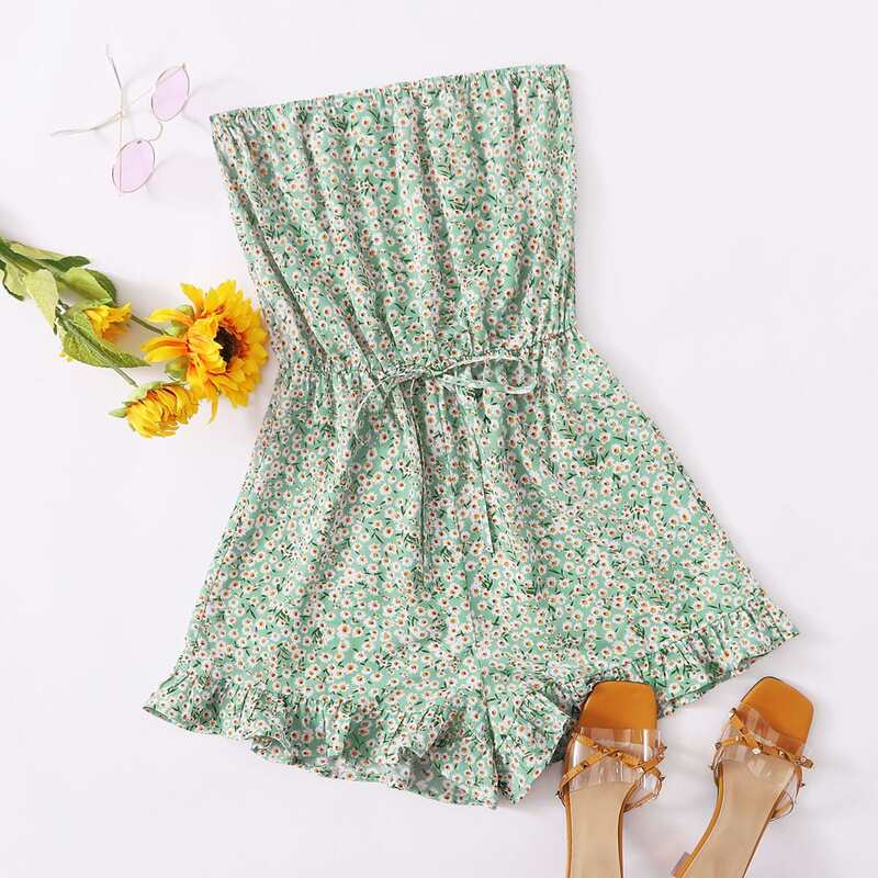 

Ruffle Hem Tie Waist Ditsy Floral Tube Romper, Mint green