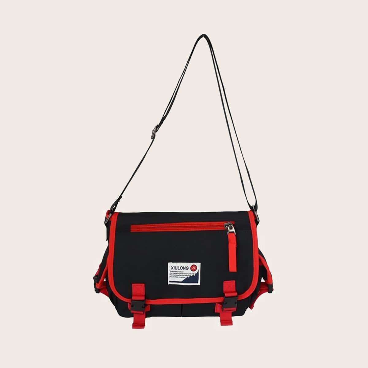 

Guys Contrast Trim Flap Crossbody Bag, Black
