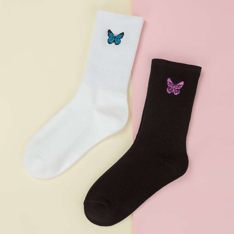 

2pairs Butterfly Embroidery Socks, Multicolor