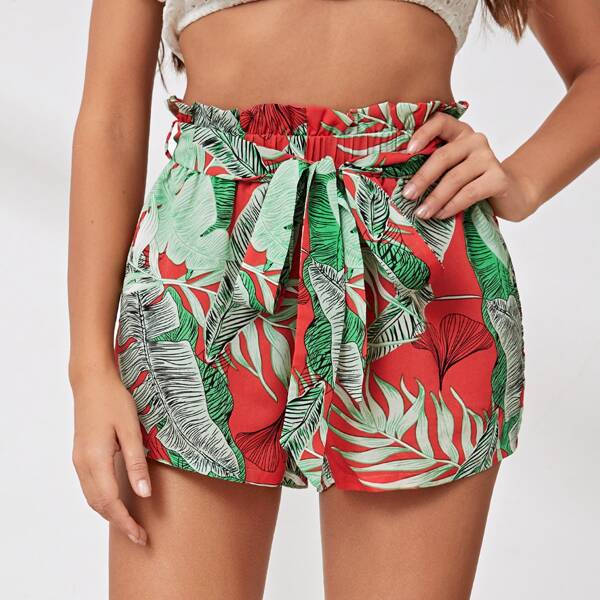 

Tropical Print Paperbag Waist Self Belted Shorts, Multicolor